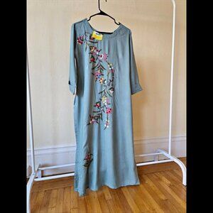 Floral Embroidery on Muted Blue Pinstripe Dress